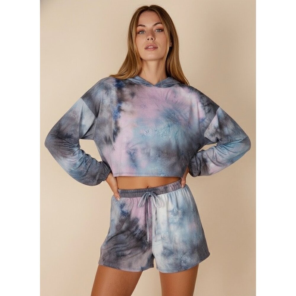 NWT Tie Dye Cropped Hoodie & Shorts 2 Piece Set | Athleisure Barbiecore Lounge L - Picture 16 of 16